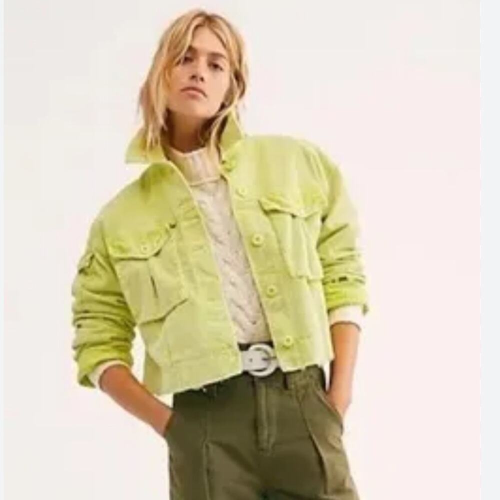 Free People Neon Yellow Cropped Oversized Corduroy Part Time Love Jacket